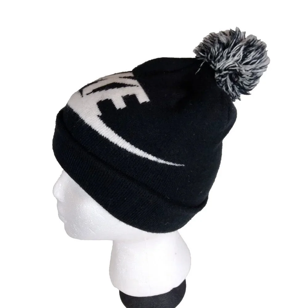 Nike Youth Knit Pom Beanie – Black & White Hat w/ Bold Logo – Sports Cap